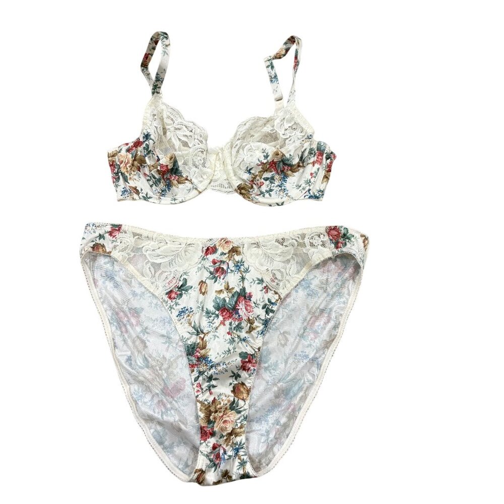 Victoria's Secret VTG Gold Label Second Skin Satin RARE Floral Lace Bra & Panty